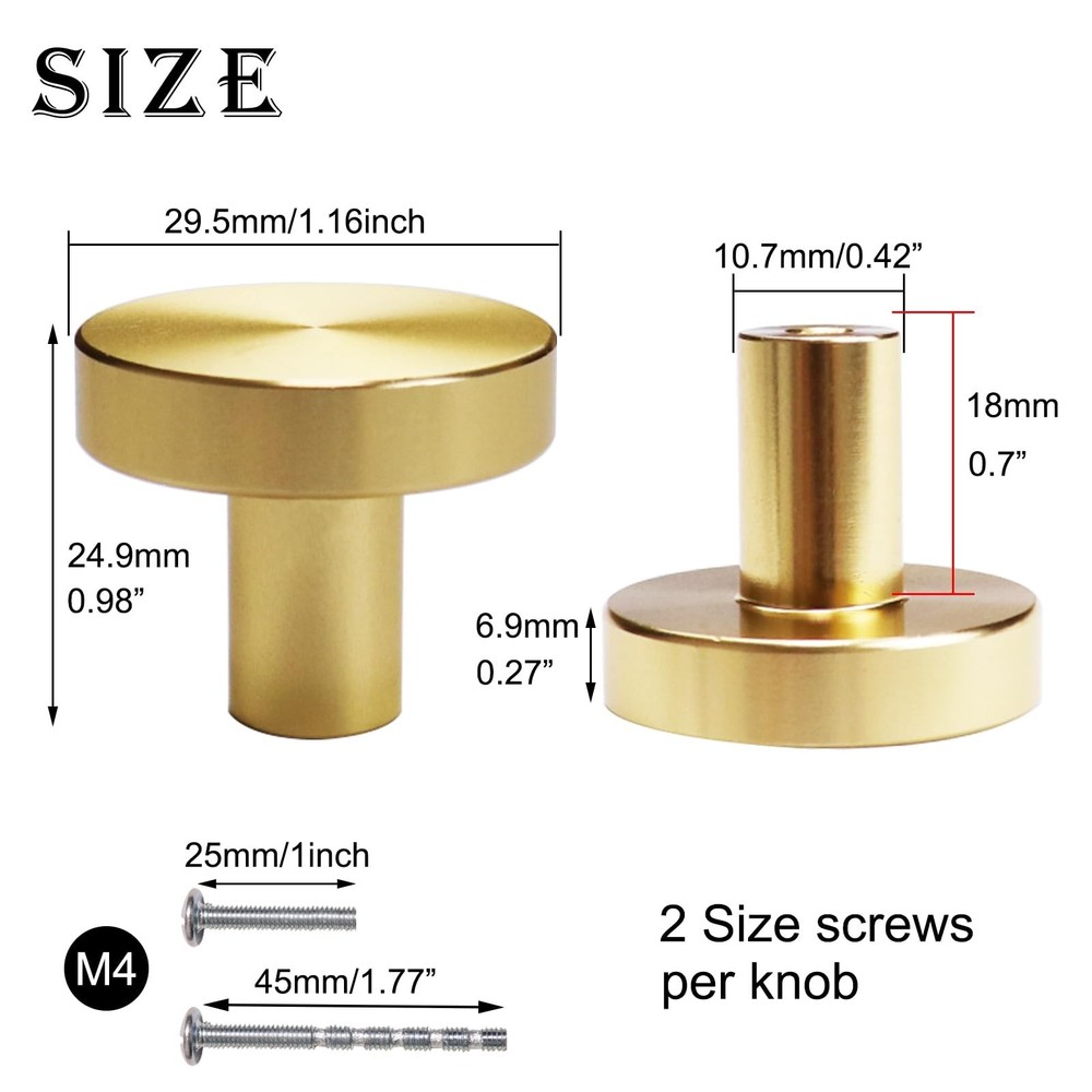 5 Pack Gold Cabinet Knobs Solid Drawer Knobs Brushed Brass Kitchen Hardware H...
