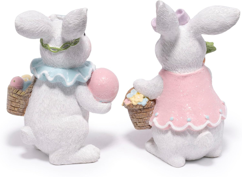 Easter Bunny Figurines Set, Spring Rabbit Decor with Easter Eggs Basket, Floral