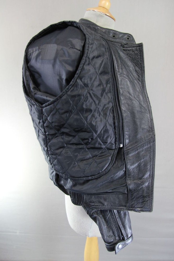 FRANK THOMAS BLACK LEATHER BIKER JACKET WITH CE ARMOUR & THERMAL LINING: SIZE 12