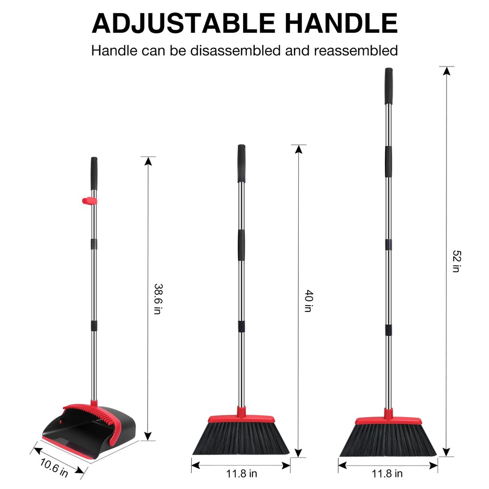 NACENA Broom and Dustpan Set, 52-in Long Adjustable Handle Black Red