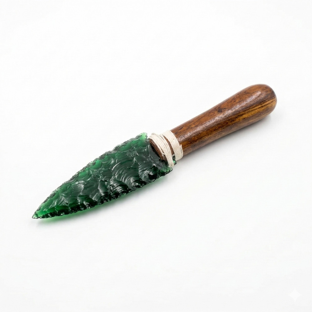 8" Green Obsidian Dagger, Hand-Knapped Crystal Arrowhead Knife ,