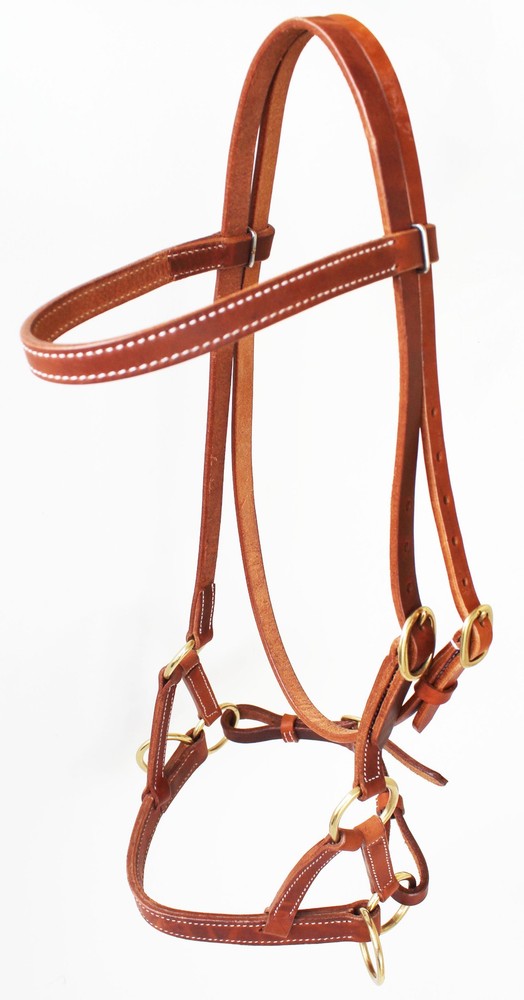 Horse Western Leather Bitless Training Aide Side Pull Bridle Brass 77RT01