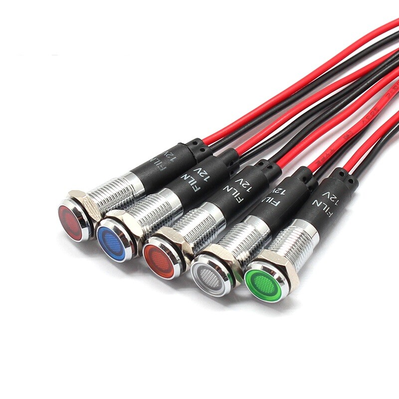 2Pieces 8mm metal LED Pilot Panel Dash Signal Indicator Warning light 20cm cable
