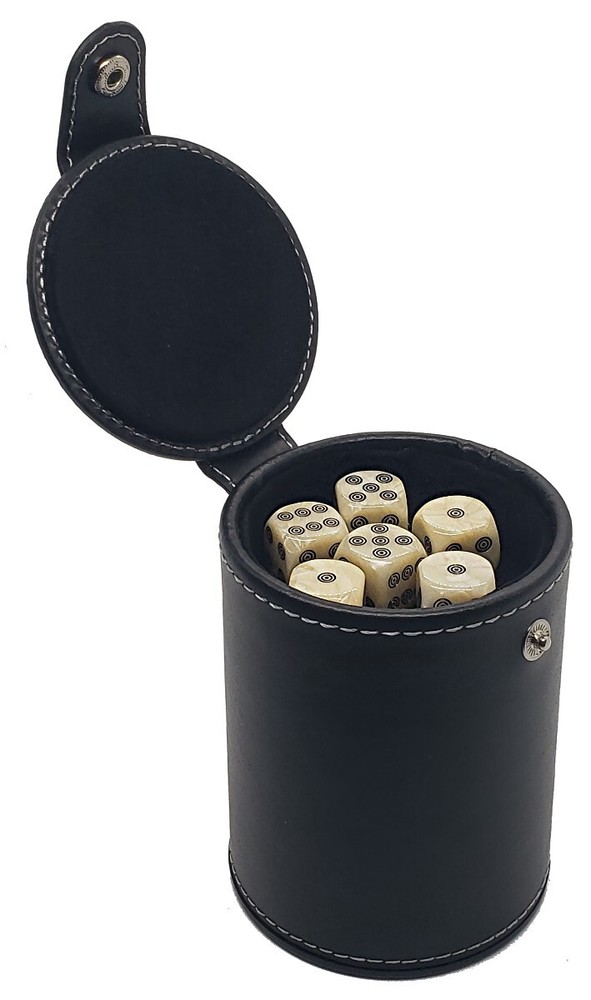 (6) Pearlized Dice Circles Pips + PU Leather Black Felt Lined Cup w/Compartment