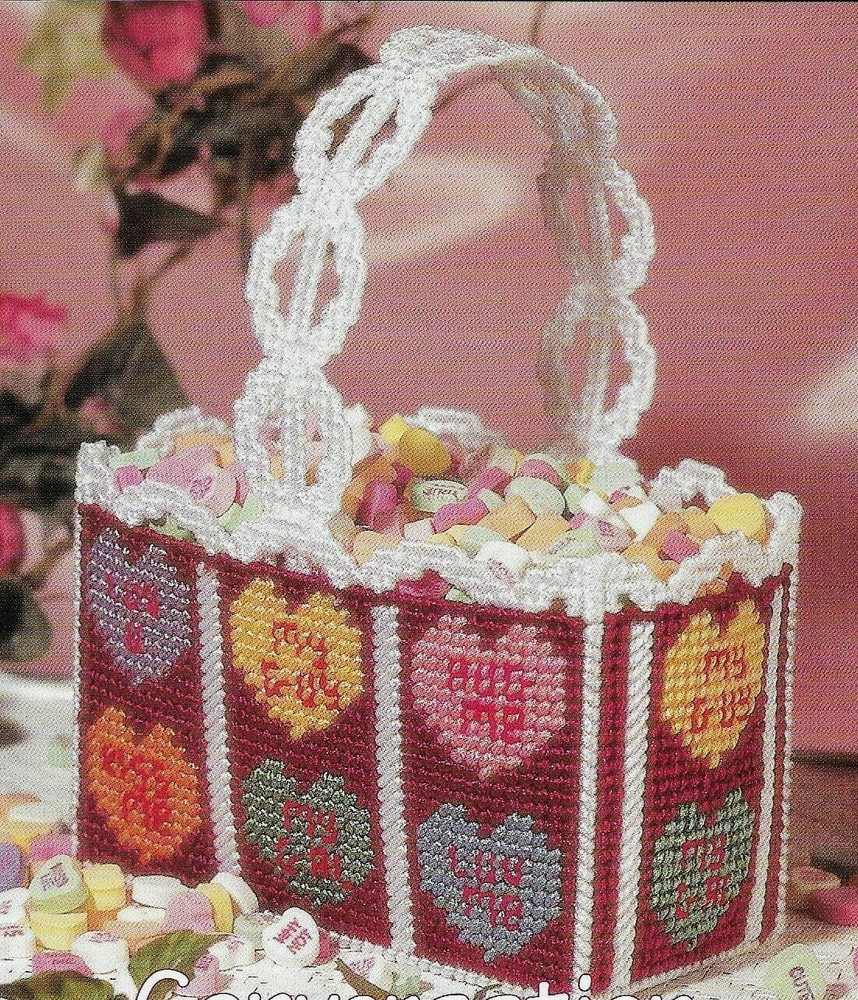 CONVERSATION HEARTS BASKET VALENTINE PLASTIC CANVAS PATTERN INSTRUCTIONS
