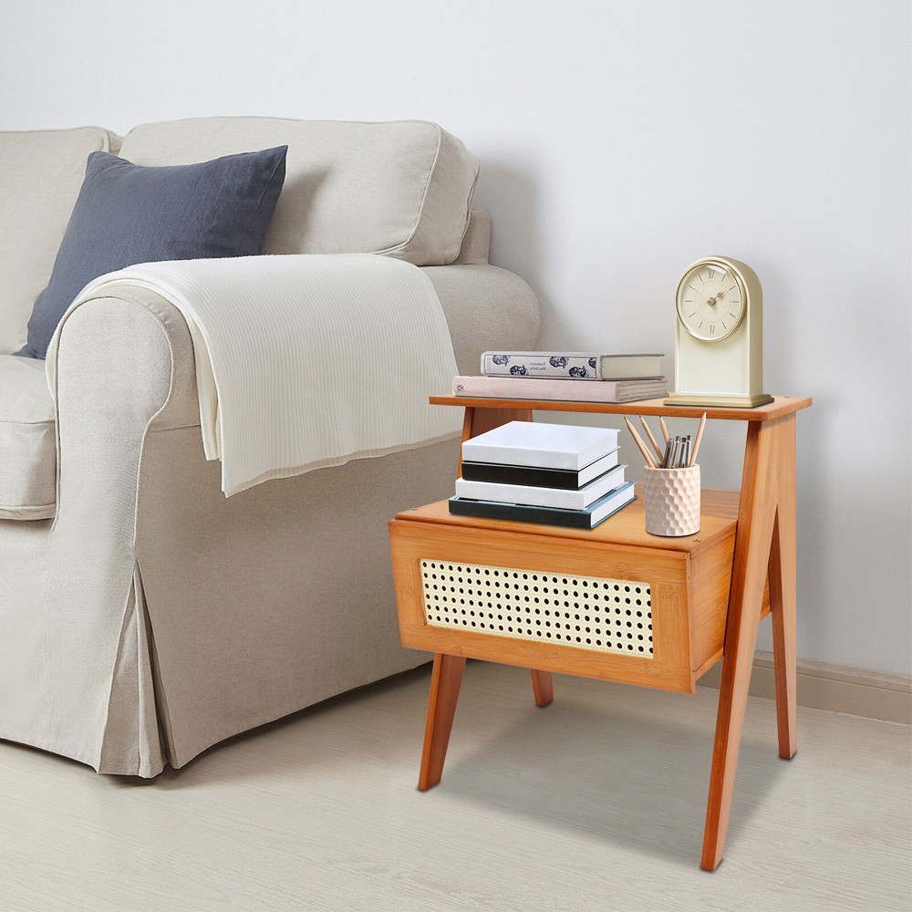 Bamboo Bedside Table, Trapezoidal Sofa Side Table, Bedside Table with Drawer