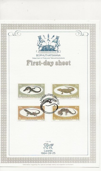 Bophuthatswana First Day Sheet  - Lizards - 1984 (CW114)