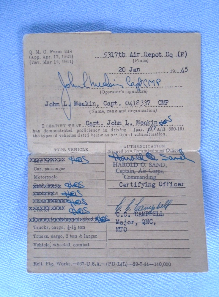 5317th Air Depot Motor vehicle operators permit