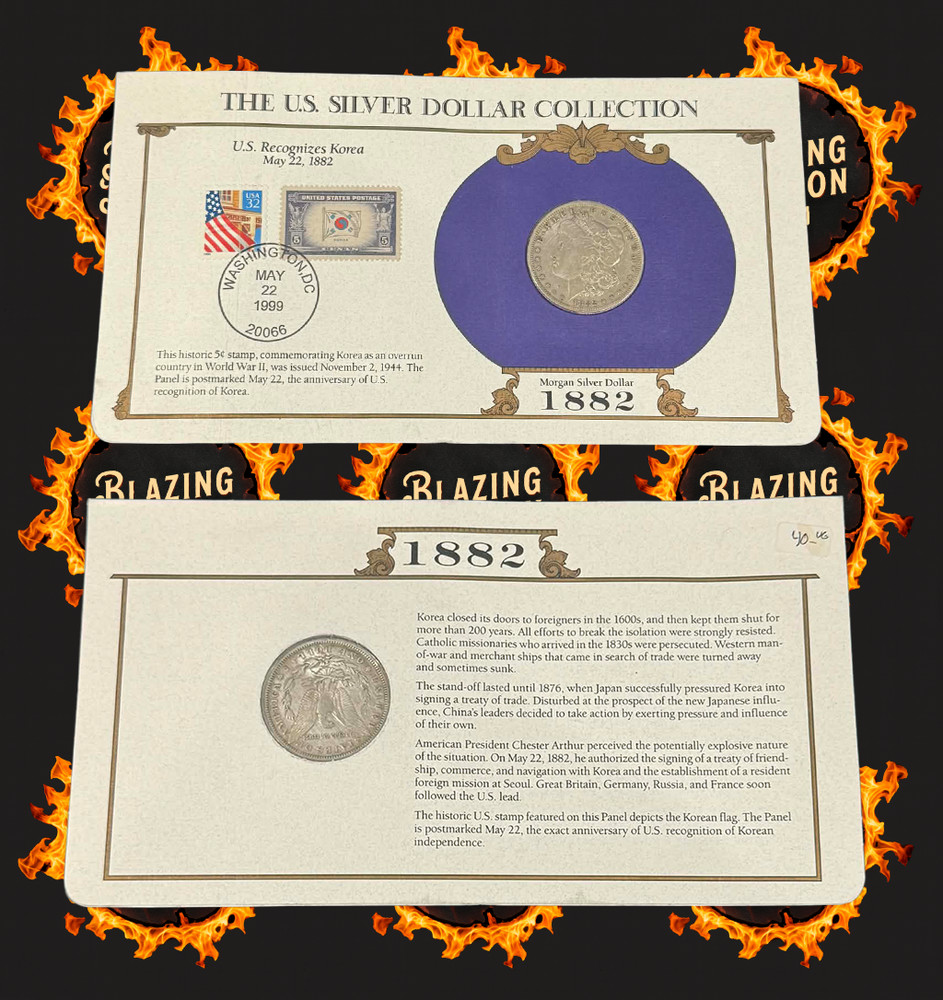 Coin Bundle 1989 Proof Set-3 Cent stamp & 1882 Morgan Silver Dollar-5 Cent stamp