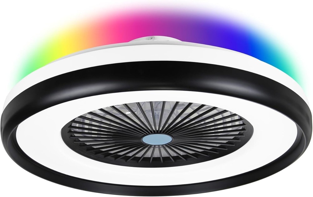 RGB Flush Mount Ceiling Fan Light Low Profile Remote Bladeless 24" Black