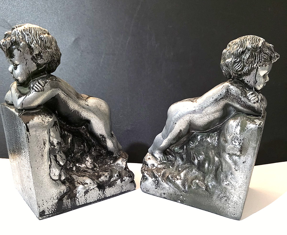 Gatco Cherub Bookends Solid Brass Silver Tone 6" Tall