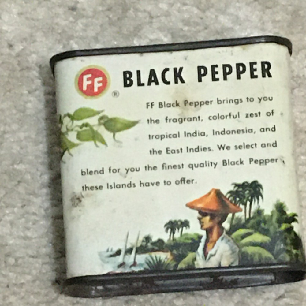 Vntg c1950s FF Brand Black Pepper Spice Tin Litho Can Container, Phila, Windmill