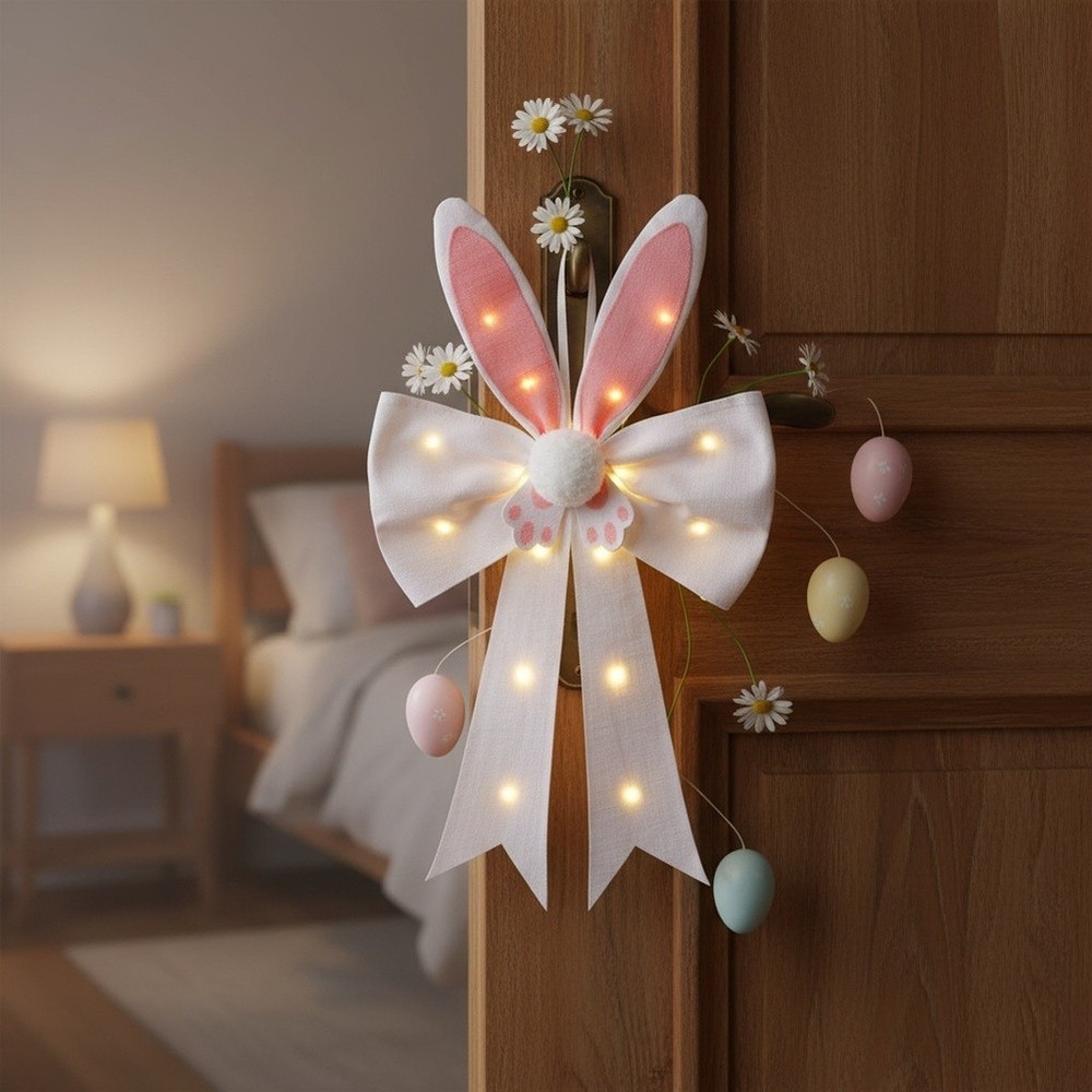 White Bunny Ears Hanging Decor with Soft LED Light for Easter 54cm Size