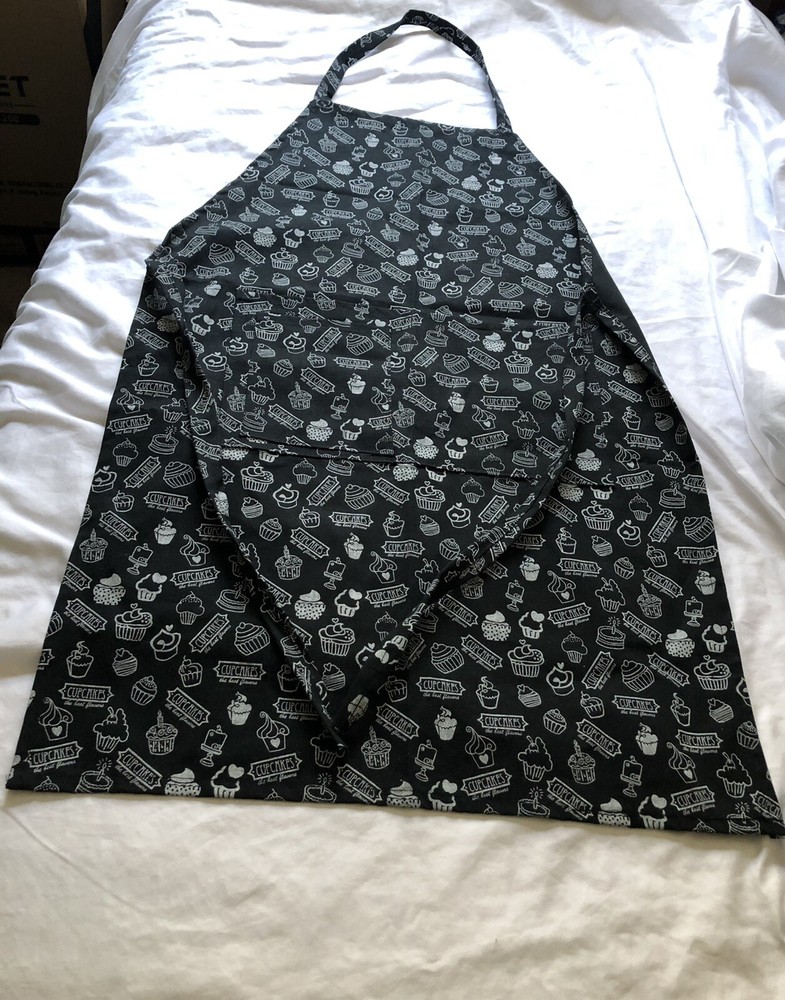 Black White Apron With Cupcakes Print Has Pockets