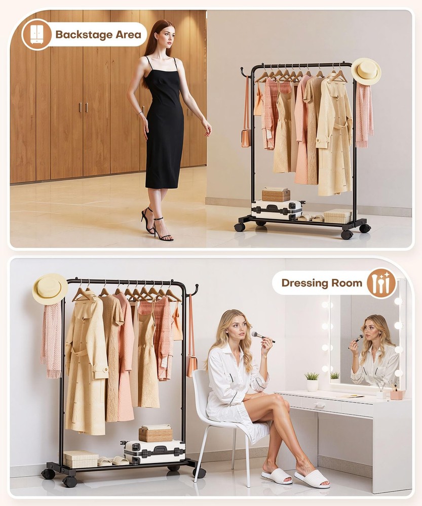 Rolling Clothes Rack with Hooks: Standing Garment Storage for Indoor - Hangin...