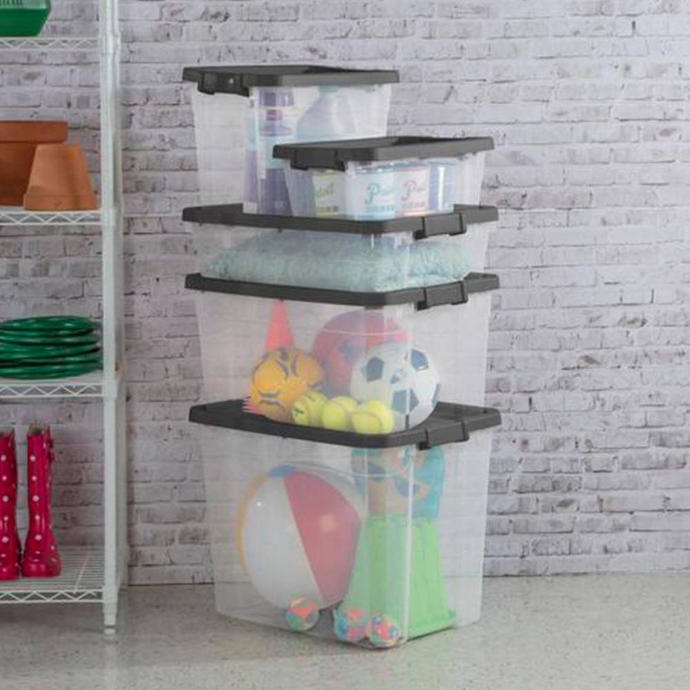 Sterilite 30 Qt Clear Plastic Stackable Storage Bin w/ Grey Latch Lid, 12 Pack