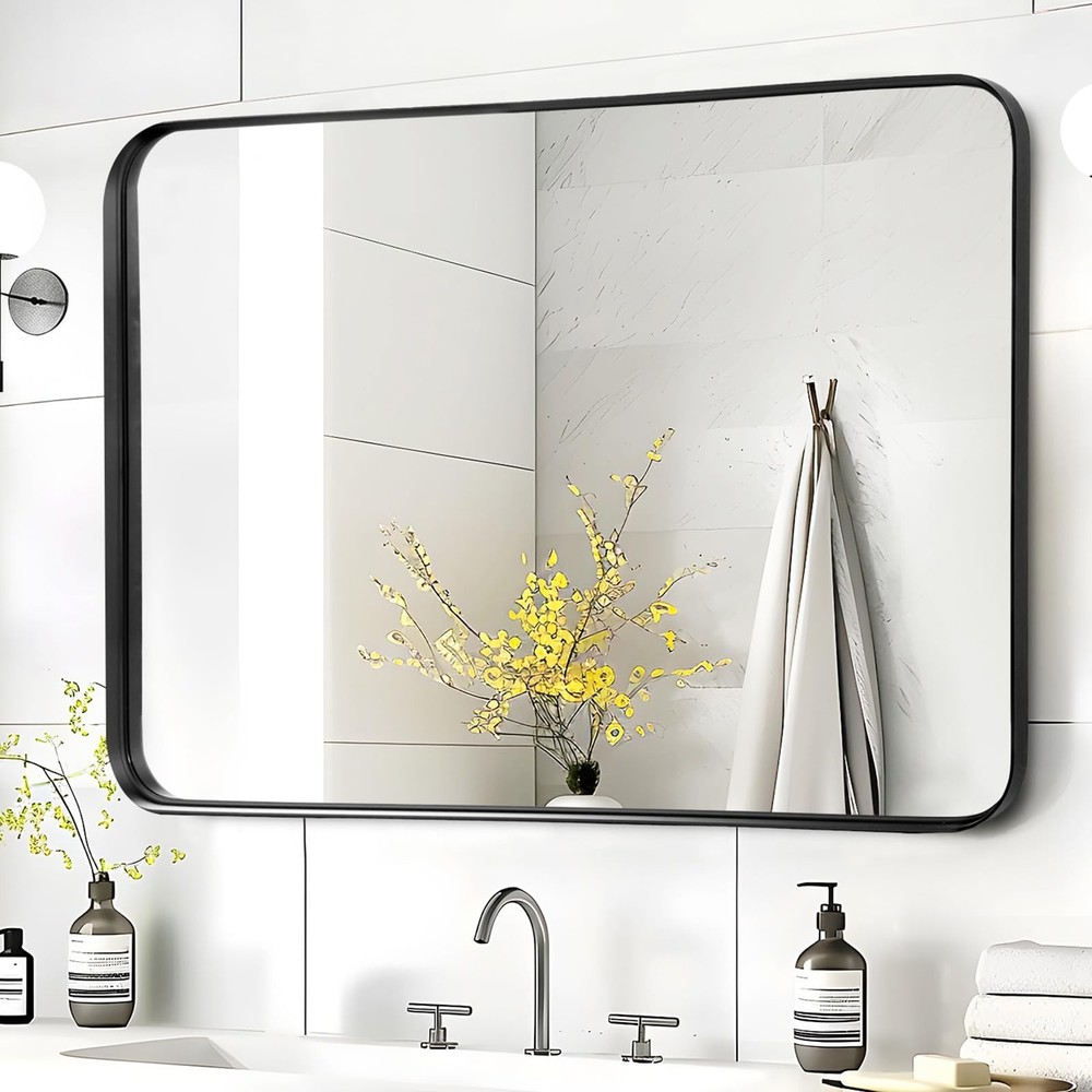 Black Mirror for Bathroom Wall - 40x30 Inch Large Reactangular Metal Framed M...