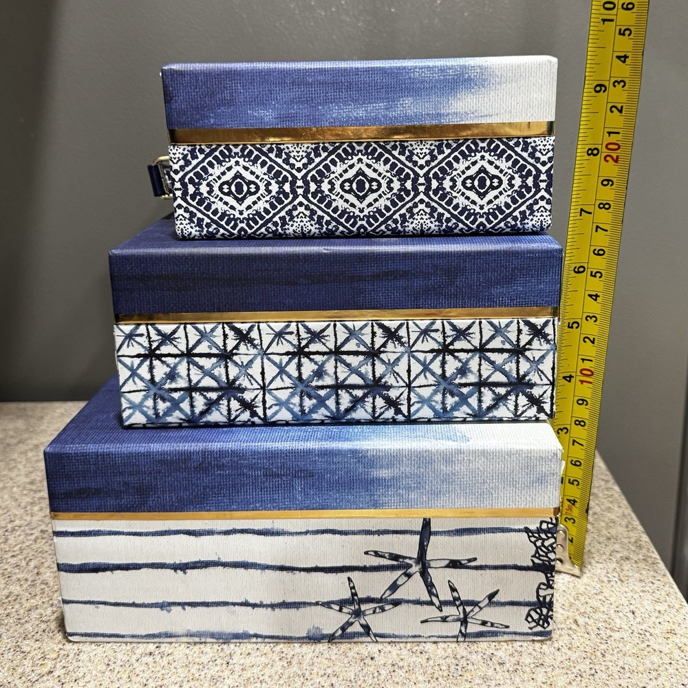 3 Decorative Stacking Paperboard Boxes Small Suitcase-Style Nautical Theme EUC