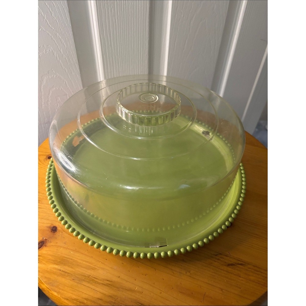 Vintage Green Beaded Plastic Cake Stand with Clear Plastic Locking Dome