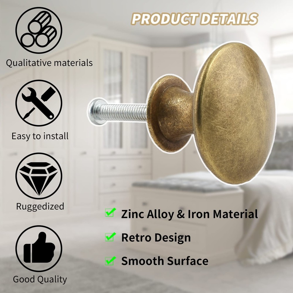 8Pcs Antique Brass Kitchen Cabinet Knobs Handle Pulls, 30mm Vintage Round Dra...