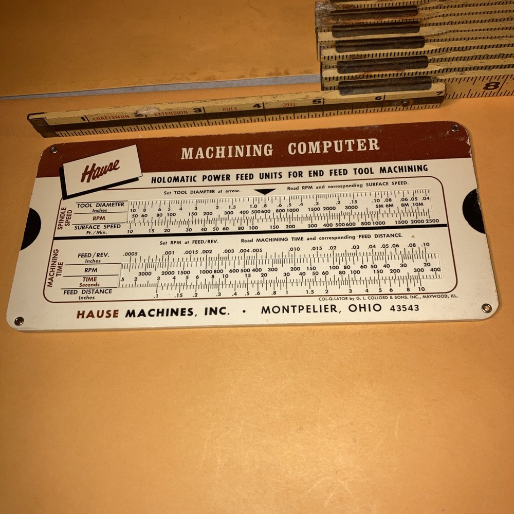Vtg 1965 Hause Machining Computer Slide Ruler Chart