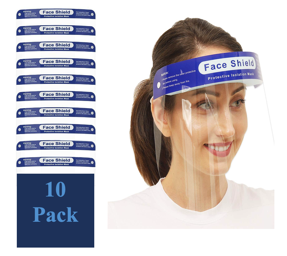 10 Pack Reusable Face Shield Adjustable, Elastic Headband Clear Visor.