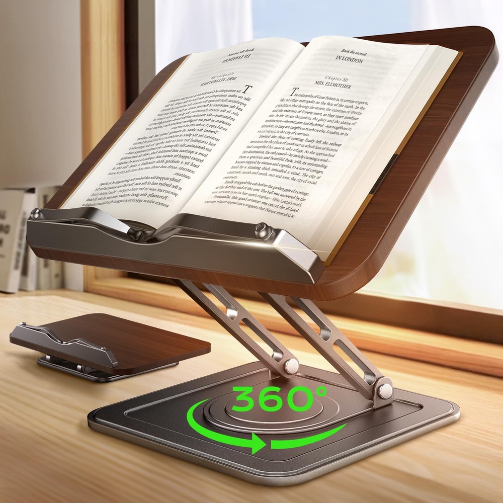 Book Stand for Reading, Adjustable Book Holder with 360°Rotating Bases, Ergon...
