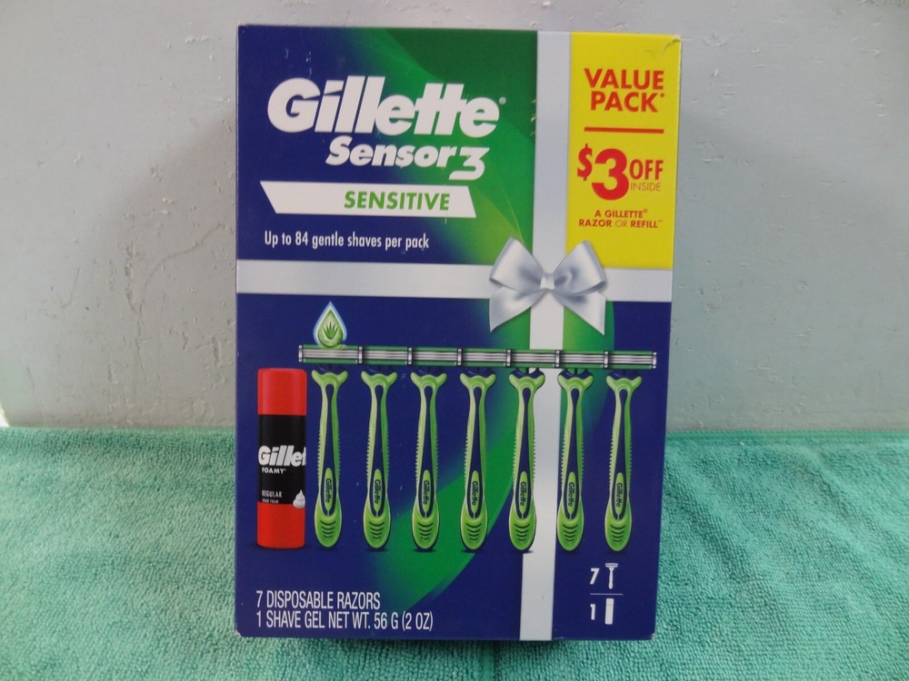 GILLETTE Sensor 3 Sensitive Gift Pack 7 Disposable 3-Blade Razors & Shave Foam