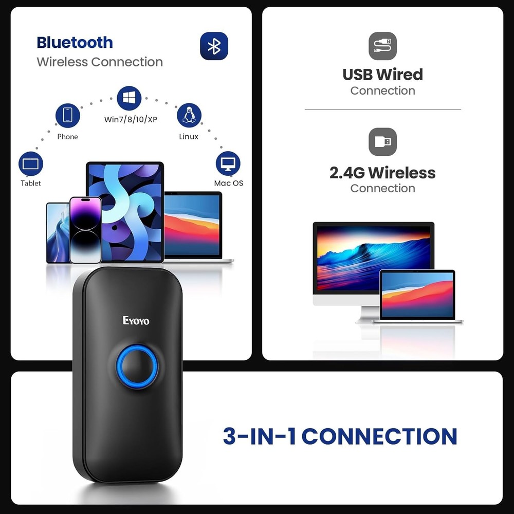 Rechargeable Mini Barcode Scanner - 3-in-1 Bluetooth, USB & 2.4G Connectivity!