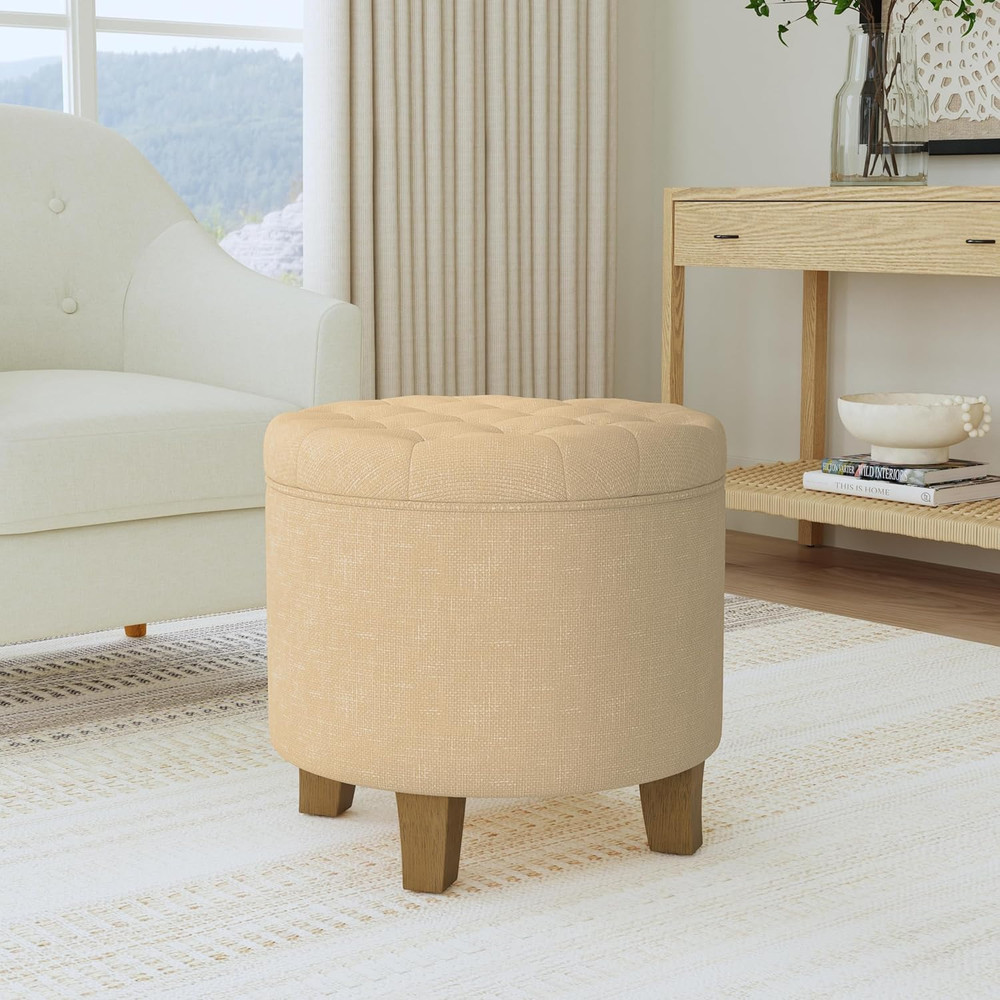 by Kinfine Fabric Upholstered round Storage Ottoman - Button Tufted Ottoman with