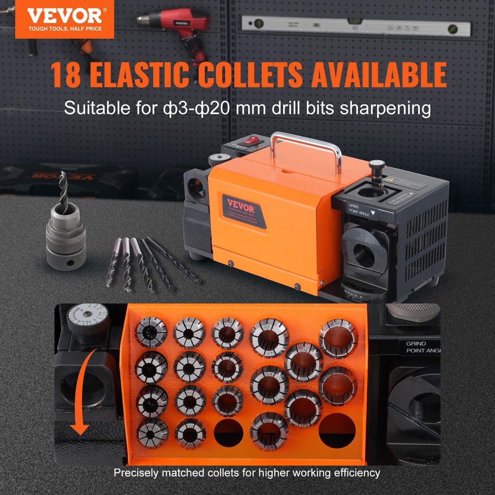 VEVOR MR-20G Drill Bits Sharpener 3-20mm Bits Grinder Sharpener & 18 Collets