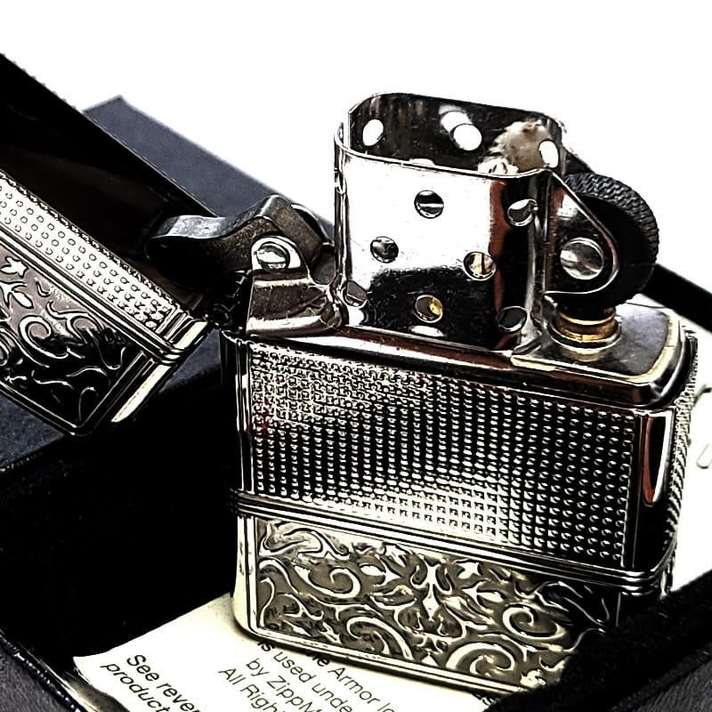 Zippo Armor Case Arabesque Antique Silver Etching 4 Sided Processing Lighter
