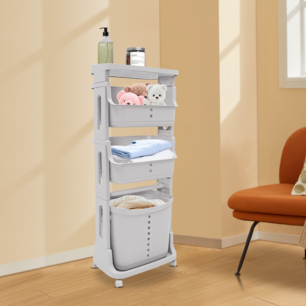 Plastic Laundry Hamper Basket Clothes Storage Organizer Shelf Rolling Cart