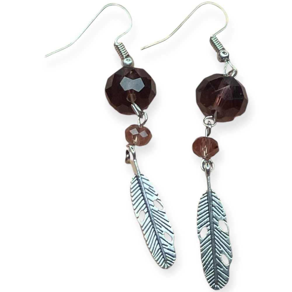 Red Stone Faceted Bead Silver Tone Boho Feathers Dangle 2.25" Long Earrings