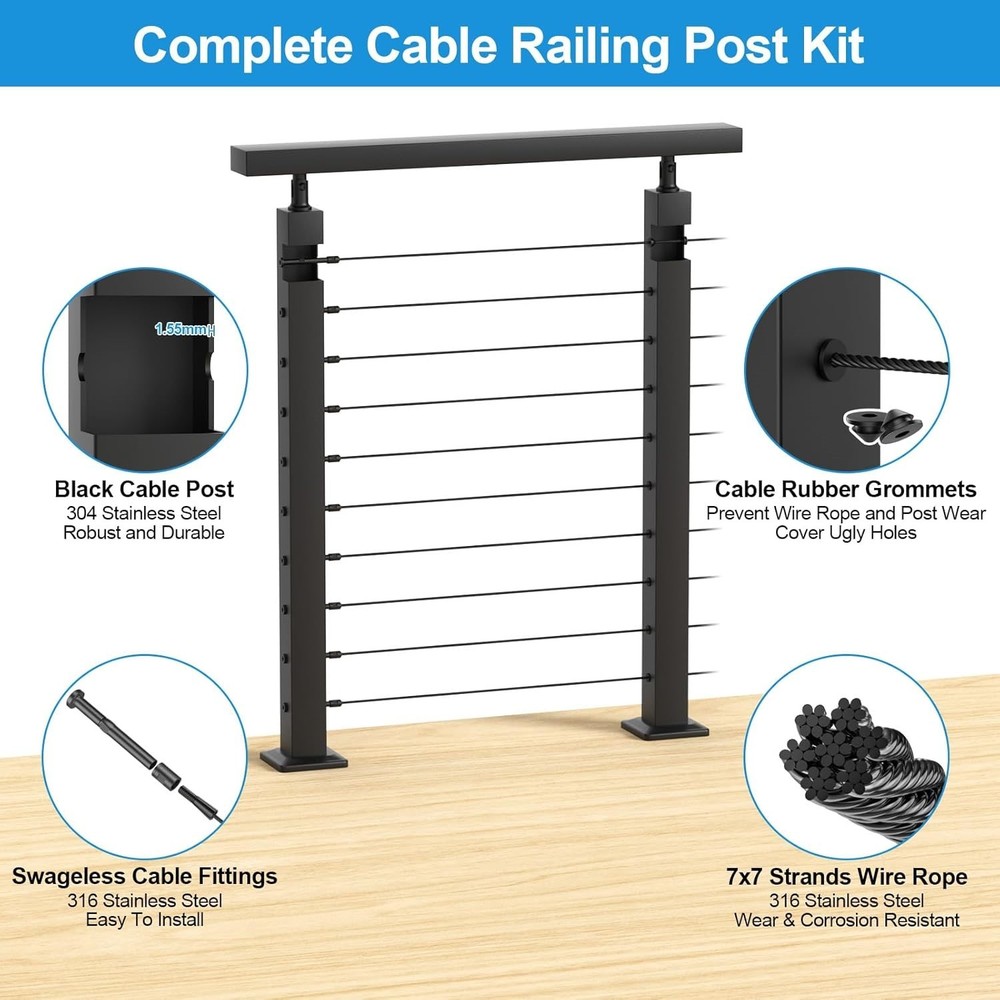 2 Pack 36" Cable Railing Post Kits w/ 1/8" Cable & Hardware Black