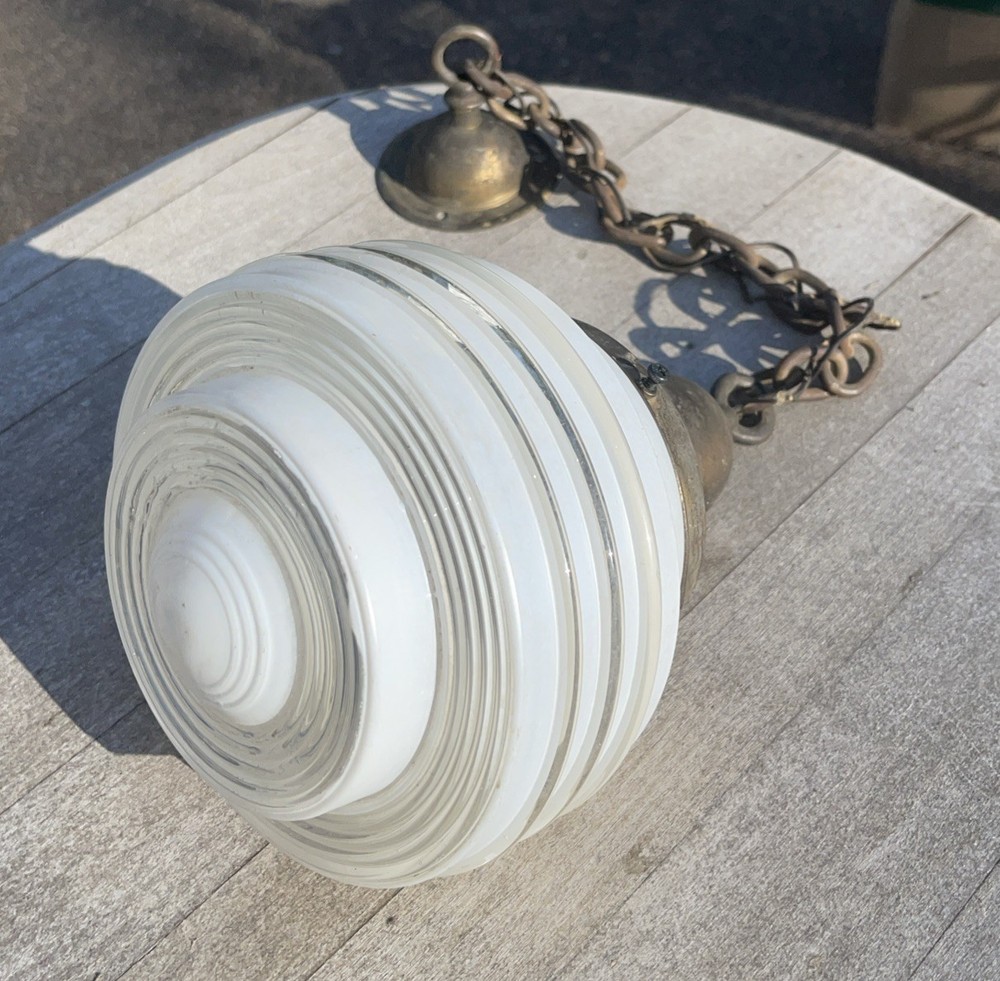 Vintage Art Deco MCM Ribbed Tiered CEILING LIGHT GLOBE  ATOMIC UFO SMALL