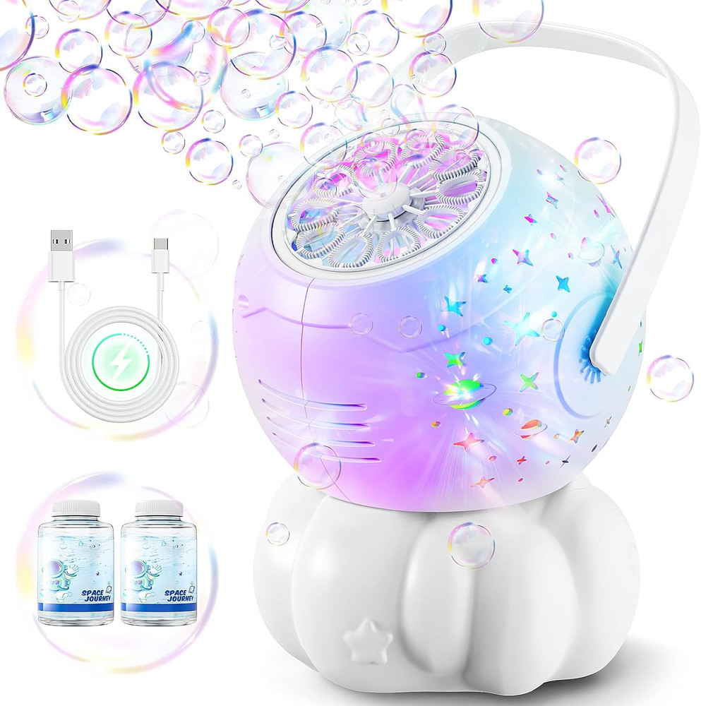 USB-C Rechargeable Bubble Machine - Multi-Color LED Light, 10 Large Wands, 20Oz(