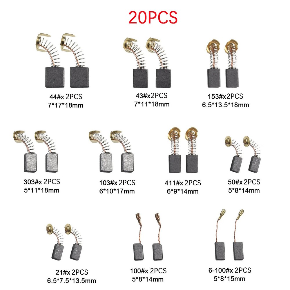 20Pcs 10 Sizes Electric Motor Carbon Brushes Replacement For Power Tool E#