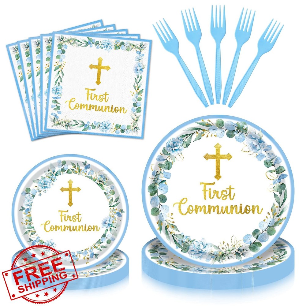 First Communion Floral Tableware Set 24 Guests Blue Cross