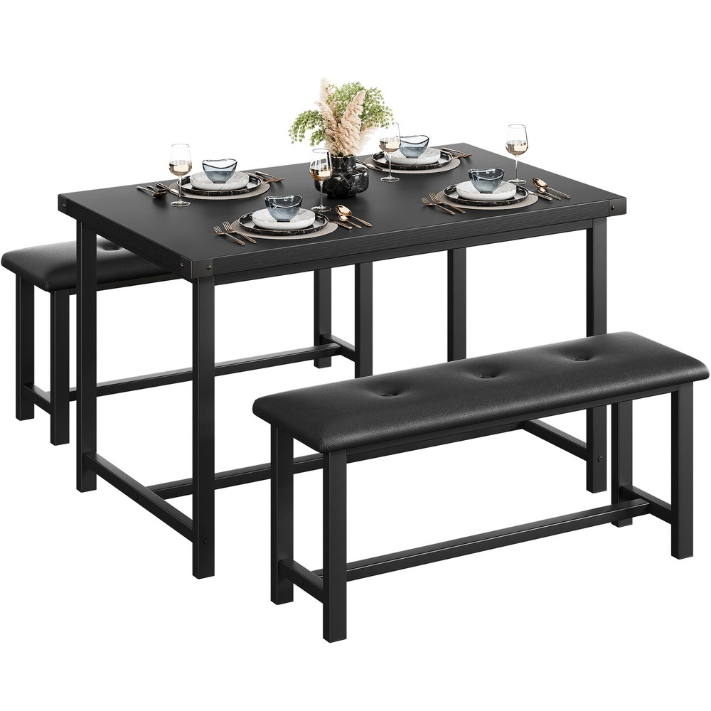 3 Pcs Dining Table, Rectangular Dining Room Table Set with 2 Upholstered Benches