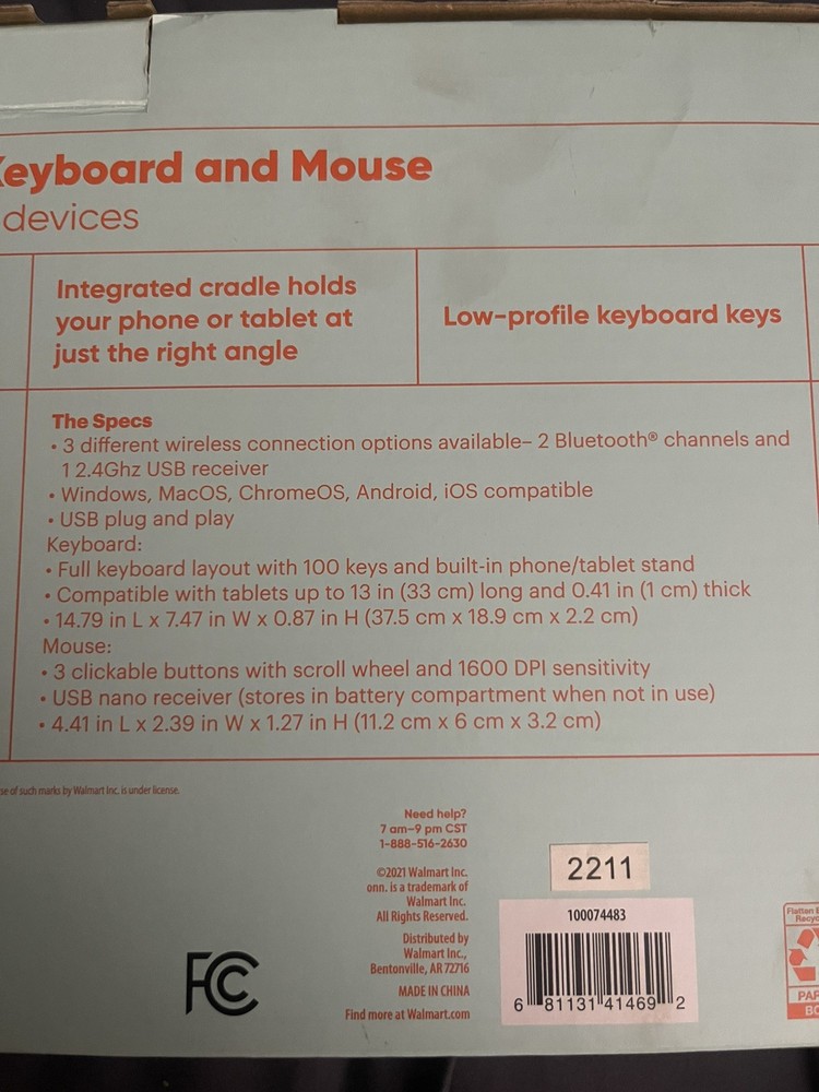 Onn Surf Multi-Device Wireless Full Size Keyboard & 3-Button Mouse w/Dongle