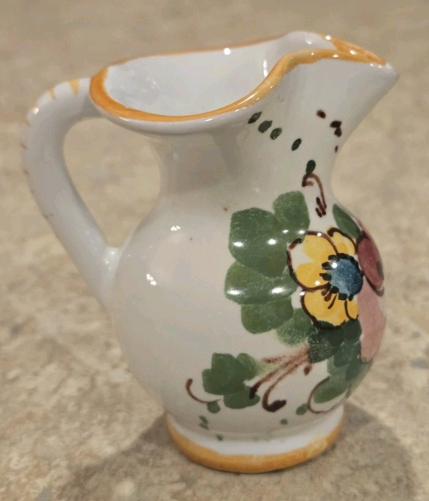 Hand Painted Miniature Ceramic Pitcher Floral Pattern Signed 2 3/4" Tall