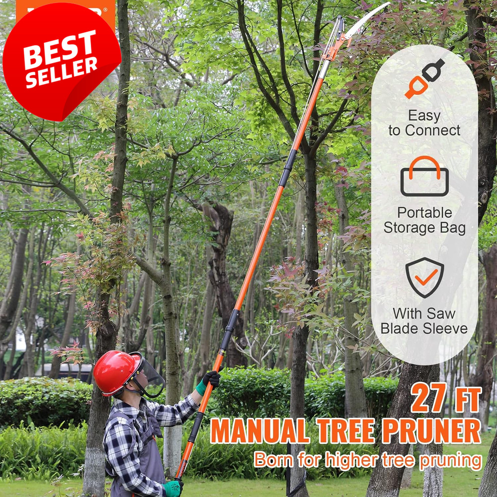 Manual Pole Saw 7.3-27ft Extendable Tree Pruner Sharp Blade Fiberglass Handle US
