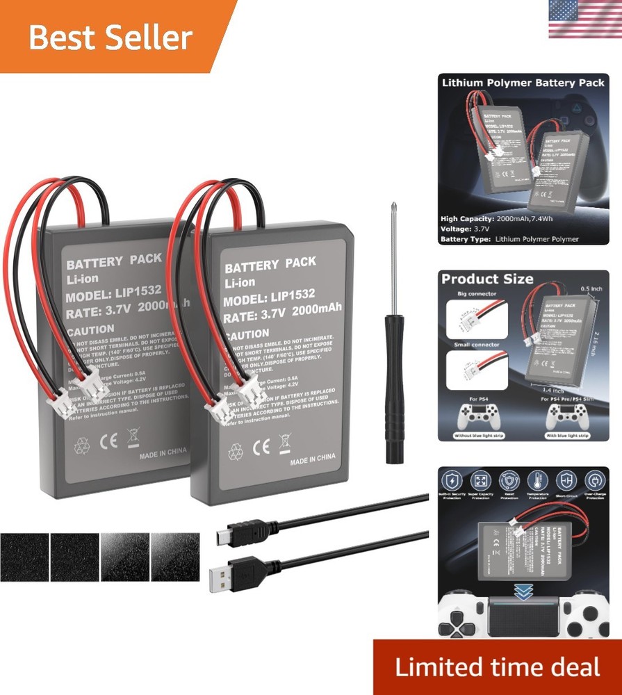 2 Pack 2000mAh Batteries for PS4Pro/PS4Slim Controller,Replacement Lithium Ba...