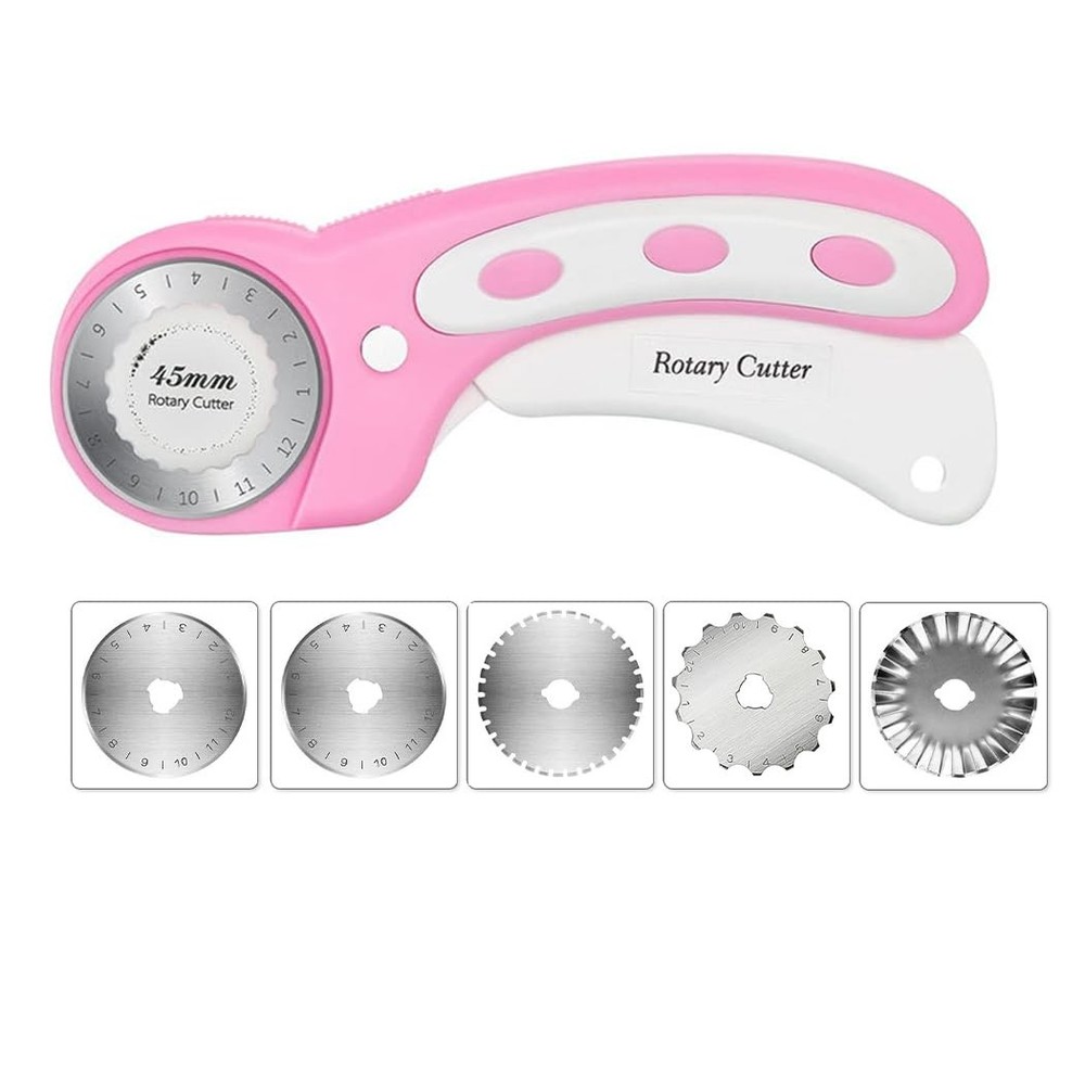 45mm Rotary Cutter with 5pcs Extra Blades, Ergonomic Handle Rolling Pink