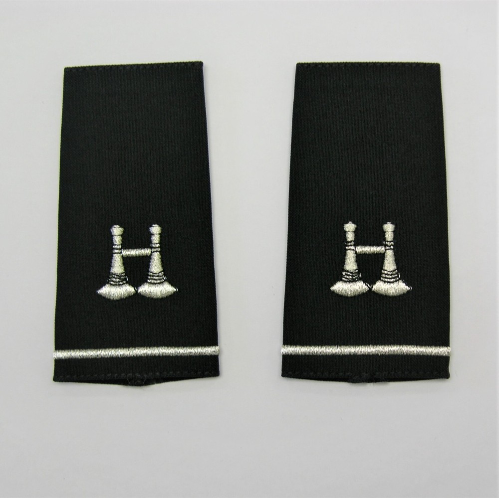 Fire Dept. Epaulettes, 2 Parallel Bugle - Silver Embroidery On Blue - 1 Stripe