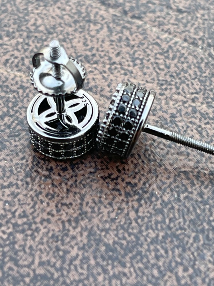 Real Solid 925 Sterling Silver Round Cluster Earrings Black CZ Studs Iced