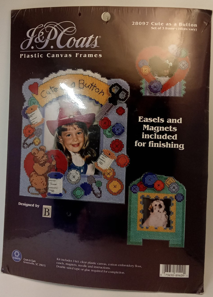 J&P Coats "Cute as a Button" Plastic Canvas Frames Kit, makes 3