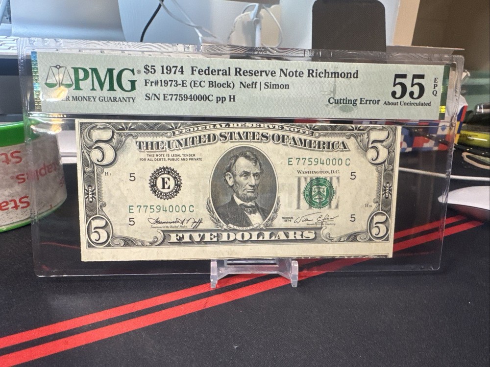 😀 ERROR Note: 1974 $5 FRN CUTTING ERROR (RICHMOND) PMG 55EPQ