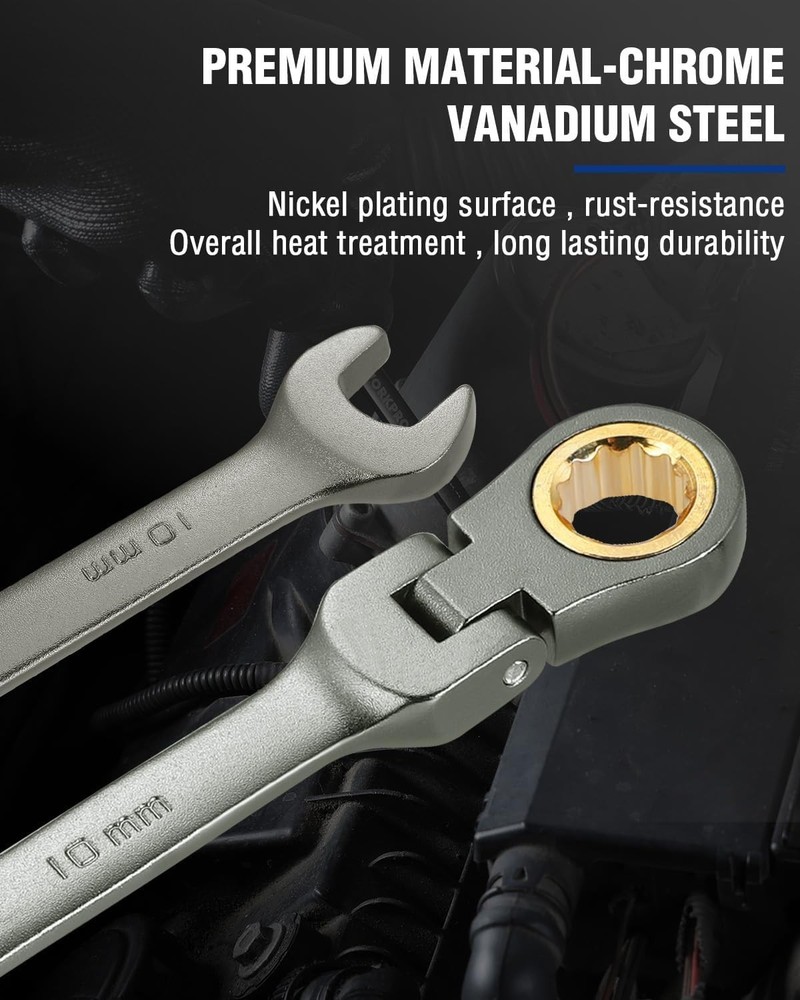 Versatile 10mm Ratcheting Wrench with 180-Degree Flex-Head Capabilities
